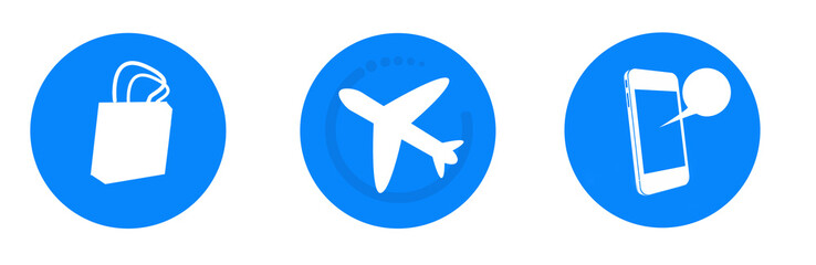 Digital png illustration of bag, plane and smartphone in blue circles on transparent background