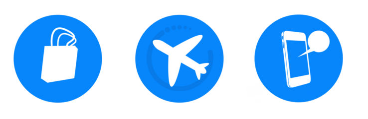 Digital png illustration of bag, plane and smartphone in blue circles on transparent background