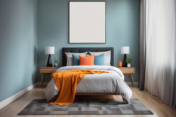 Modern bedroom interior with bed on empty blank blue walls