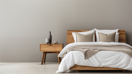 Fototapeta na wymiar Modern bedroom with wooden bed on grey wall