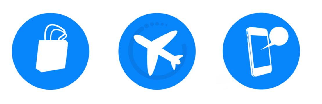 Digital png illustration of bag, plane and smartphone in blue circles on transparent background - Powered by Adobe