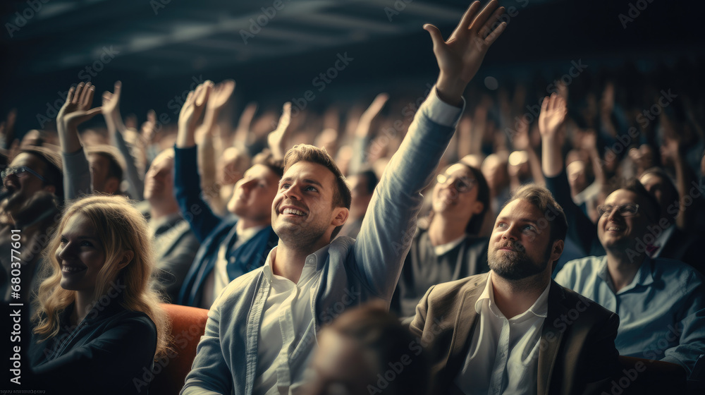 Poster people cheering in lecture hall.