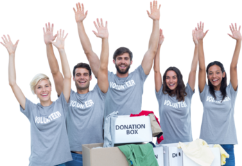 Digital png photo of happy diverse male and female volunteers raising arms on transparent background