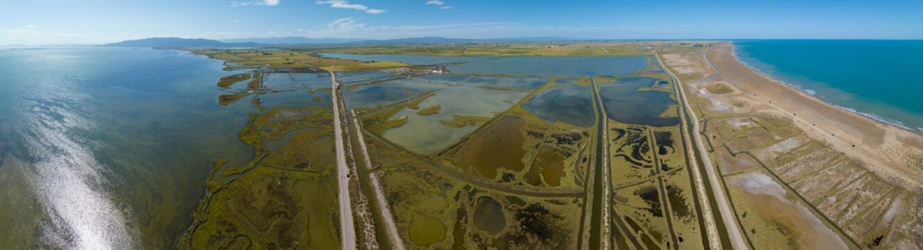 View of delta Ebro, the delta region of the Ebro River in the southwest of the Province of Tarragona in the region of Catalonia in Spain