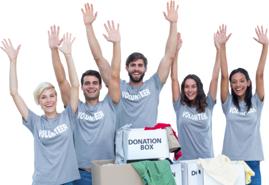 Digital png photo of happy diverse male and female volunteers raising arms on transparent background