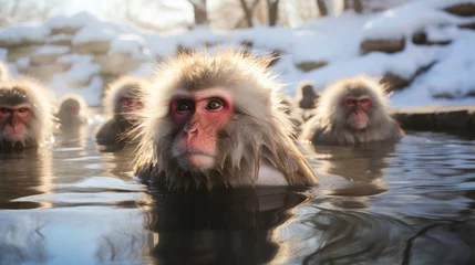Gordijnen Several snow monkeys laying in hot tub springs near rocks. © visoot