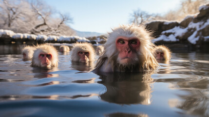 Fototapeta premium Several snow monkeys laying in hot tub springs near rocks.