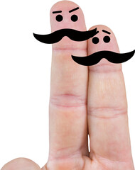 Digital png photo of fingers with faces and moustaches on transparent background