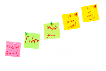 Digital png image of notes and diabetes prevention text on transparent background
