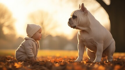 Little girl and a white French bulldog stood looking at each other on the autumn lawn.