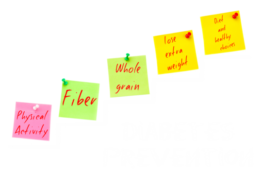 Digital png image of notes and diabetes prevention text on transparent background - Powered by Adobe