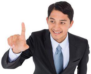 Digital png photo of caucasian businessman pointing finger on transparent background