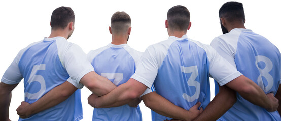 Digital png photo of diverse soccer players embracing on transparent background