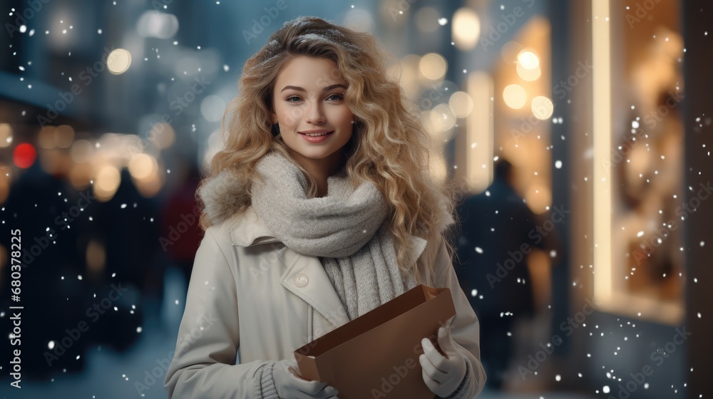 Poster Beautiful woman enjoying shopping in winter.