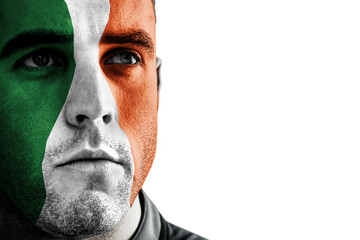 Digital png photo of caucasian man with flag of italy on face on transparent background