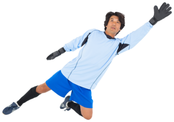 Digital png photo of asian male goalkeeper jumping on transparent background