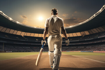 Cricket player walking into a cricket stadium dramatically. - obrazy, fototapety, plakaty