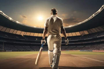 Fotobehang Cricket player walking into a cricket stadium dramatically. © visoot