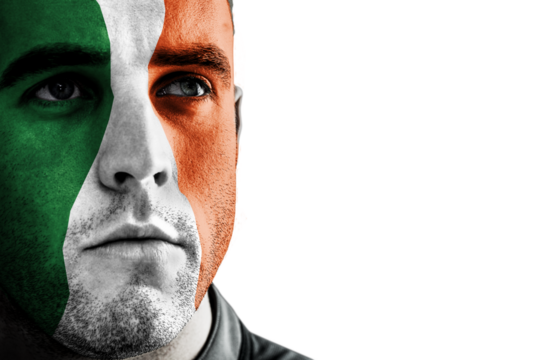 Digital png photo of caucasian man with flag of italy on face on transparent background