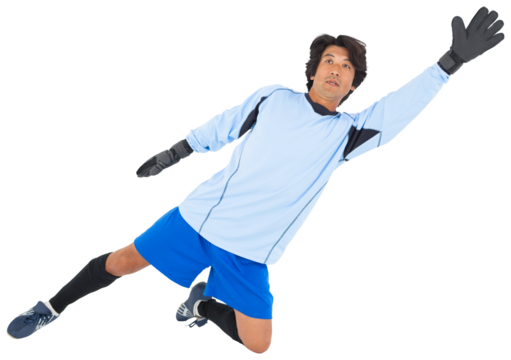 Digital png photo of asian male goalkeeper jumping on transparent background
