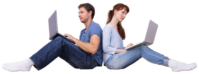 Digital png photo of caucasian couple using laptop on transparent background