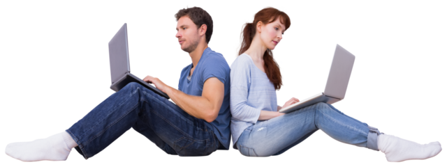 Digital png photo of caucasian couple using laptop on transparent background