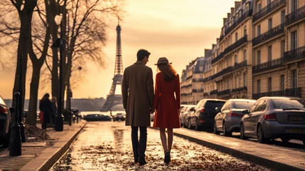 Foto op Plexiglas Romantic couple on city street at Paris on Valentine's Day. © visoot