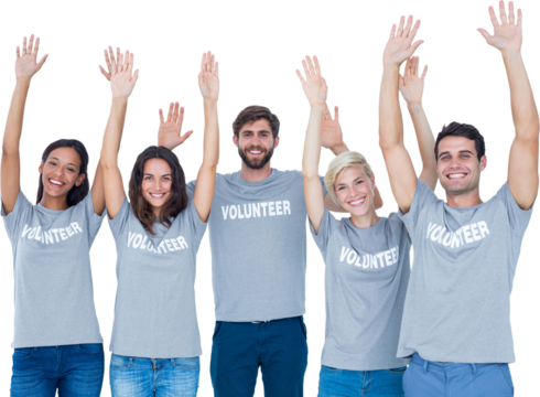 Digital png photo of diverse volunteers raising hands on transparent background