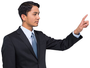 Digital png photo of caucasian businessman pointing finger on transparent background