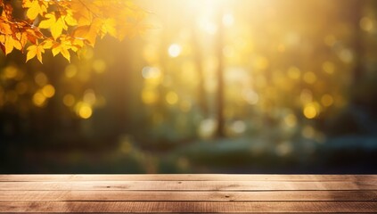Naklejka na ściany i meble Beautiful sunlight in the autumn forest with wood table top, nature background, bokeh background. High quality photo.
