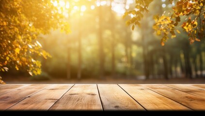 Naklejka na ściany i meble Beautiful sunlight in the autumn forest with wood table top, nature background, bokeh background. High quality photo.