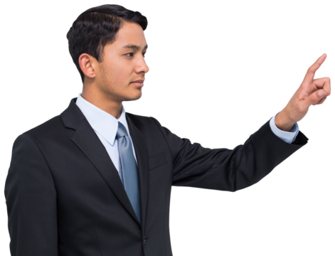Digital png photo of caucasian businessman pointing finger on transparent background