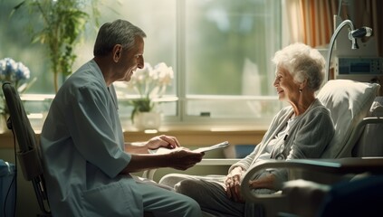 Elderly Caucasian woman in a hospital bed receiving care from a compassionate doctor, evoking healthcare and empathy.