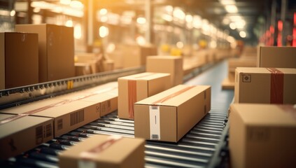 Cardboard boxes on a conveyor belt, depicting a busy distribution center, perfect for logistics and e-commerce themes. - obrazy, fototapety, plakaty