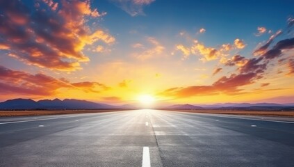 Open highway leading to a horizon at sunset, embodying themes of travel, freedom, and new beginnings.