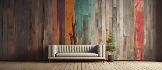 In a vintage-inspired room, an abstract design adorns the wall, its texture reminiscent of a weathered pine tree, adding a touch of retro charm to the natural beauty of the wooden floor and old wooden