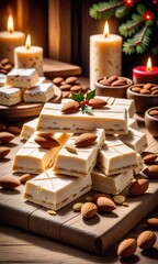 Naklejka na ściany i meble Traditional christmas sweet nougat and christmas sweet almonds on wooden table 