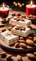 Fototapeta na wymiar Traditional christmas sweet nougat and christmas sweet almonds on wooden table 