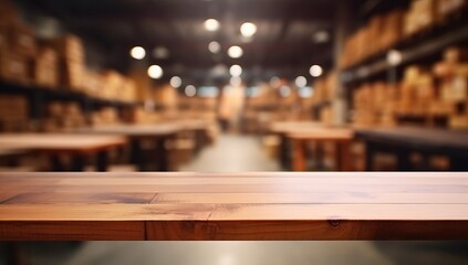 Wooden table forefront with a blurred warehouse interior in the background, suitable for commercial and industrial themes.