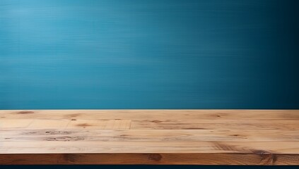 Empty wooden table over blue wall background, product display montage. High quality photo