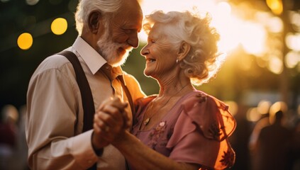 Elderly couple dancing outdoors at sunset, embodying timeless love and active senior lifestyle.