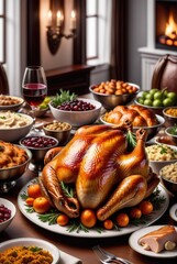 Traditional thanksgiving dinner with roasted turkey  background 