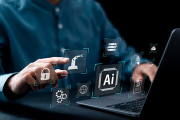 AI technology, Businessman use laptop and touching with AI tools for big data network connection by use artificial intelligence technology to help solve work problems.