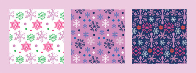 Seamless festive, Christmas and New Year backgrounds from multi-colored snowflakes. Patterns on the swatch panel.