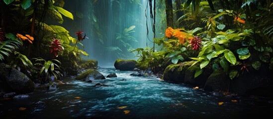In the heart of the tropical rainforest, the lush green landscape was adorned with vibrant autumn...