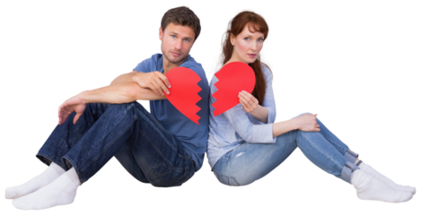 Digital png photo of caucasian couple sitting with broken heart on transparent background