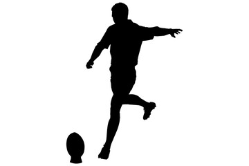 Digital png illustration of silhouette of male rugby player kicking ball on transparent background