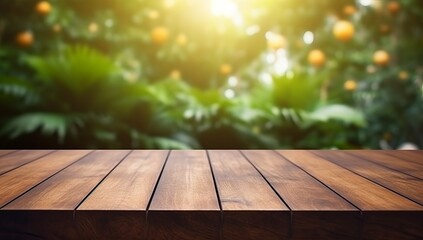 Wooden table surface with a vibrant green garden background, excellent for nature-related presentations.