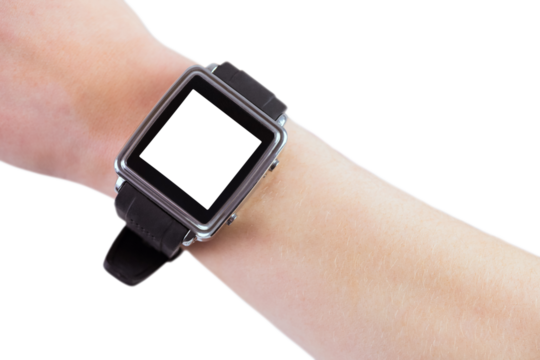 Digital png photo of caucasian arm with smartwatch on transparent background - Powered by Adobe