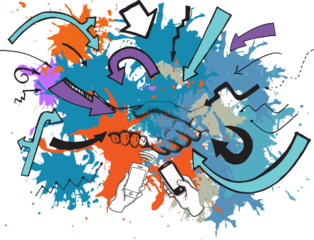 Digital png illustration of shaking hands, arrows and smartphones on transparent background